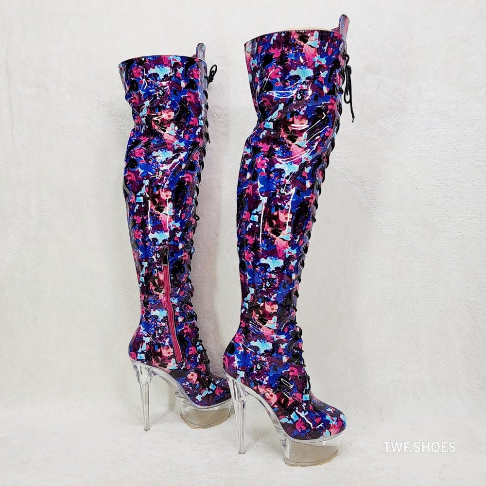 Bulls Cobalt Multi Color Print Patent OTK Clear Platform High Heel Thigh Boots